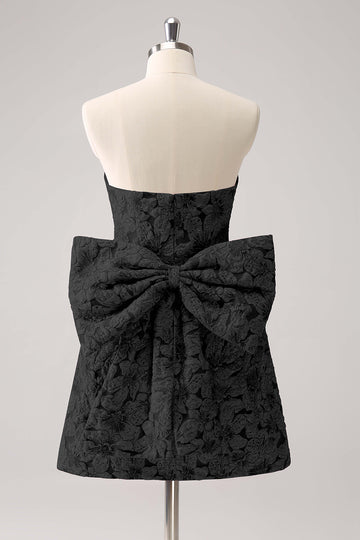 Black A Line Floral Strapless Short Cocktail Dress with Bow